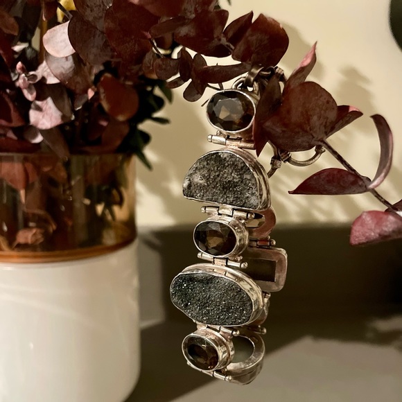 Vintage Estate Sterling Silver Druzy Smoky Quartz Toggle 925 Bracelet - Picture 1 of 8